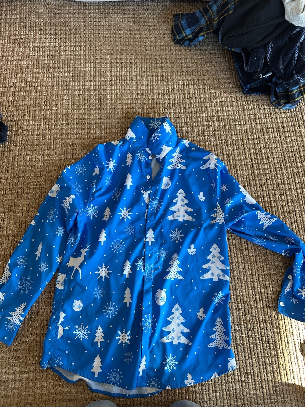 Mens Blue Holiday Dress Shirt with Winter Print